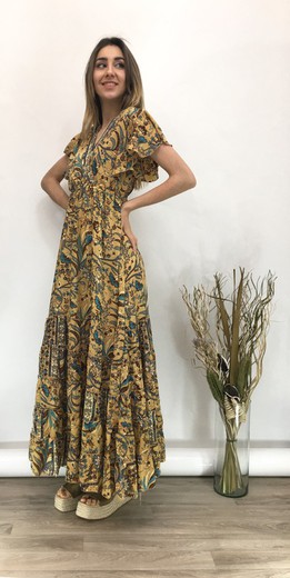 Vestido Longo com Estampa Indiana Mostarda