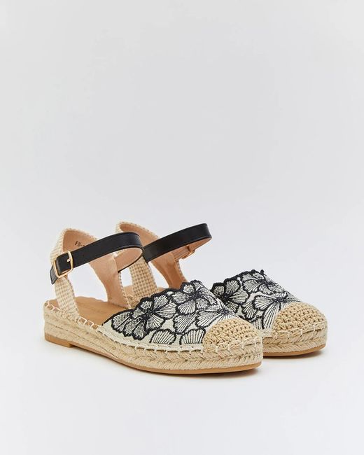 Alpargata De Esparto Con Bordado Floral Negro