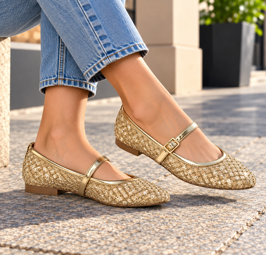 Ballerines Mary Jane à résille dorée brillante