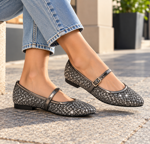 Ballerines Mary Jane grises brillantes en résille