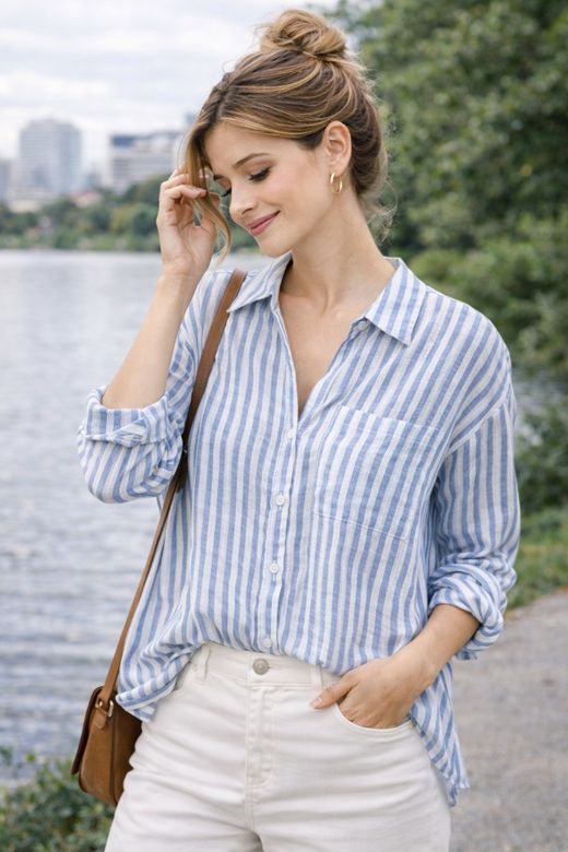 Blusa De Lino Con Rallas Azul