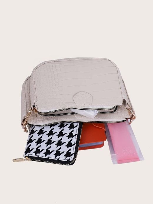 Borsa a tracolla stampata beige da 3 pezzi