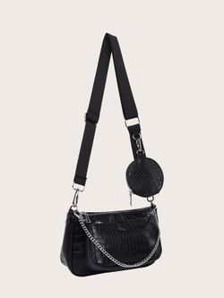 Bolsa Crossbody impressa preta com 3 peças