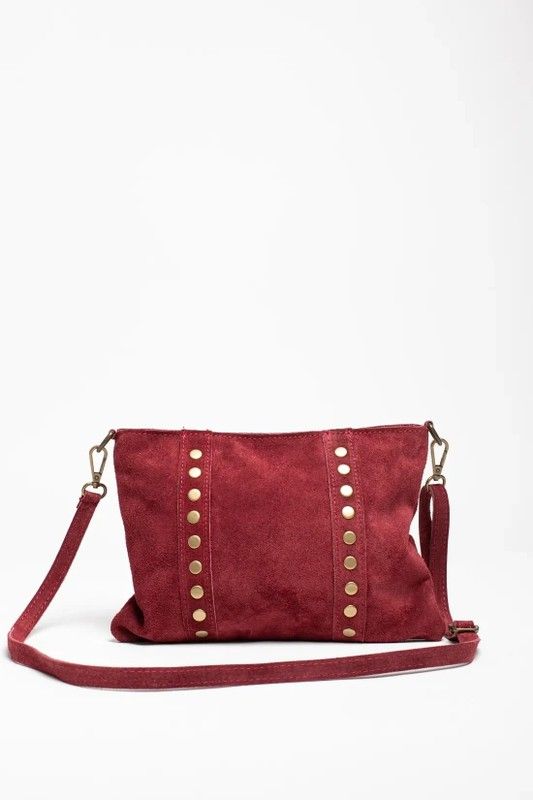 Bolso Bandolera De Piel Con Tachas Doradas Granate — Zapatos