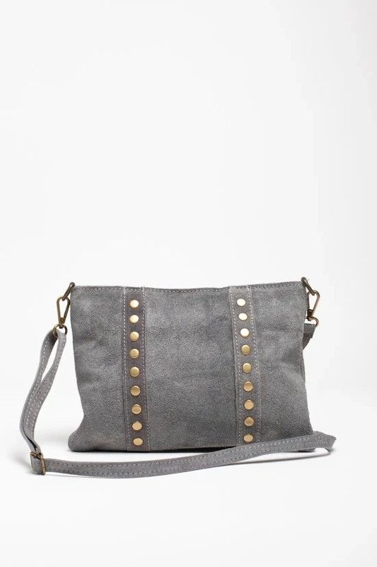 Bolso Bandolera De Piel Con Tachas Doradas Gris — Zapatos Calzados