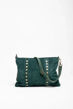 Bolso Bandolera De Piel Con Tachas Doradas Verde Botella