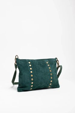 Bolso Bandolera De Piel Con Tachas Doradas Verde Botella