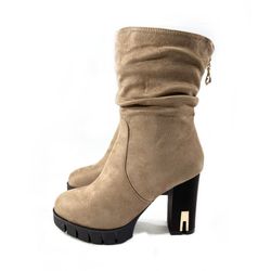 Bota Media Caña Con Tacón Camel