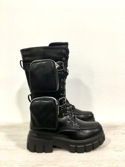 Bottes hautes noires à lacets avec poche pour femme