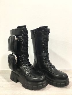 Bottes hautes noires à lacets avec poche pour femme