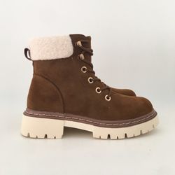 Botín Con Pelo Y Cordones Para Mujer Camel