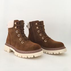 Botín Con Pelo Y Cordones Para Mujer Camel