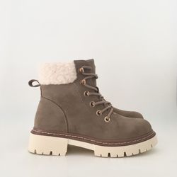 Botín Con Pelo Y Cordones Para Mujer Khaki