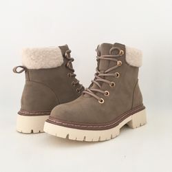 Botín Con Pelo Y Cordones Para Mujer Khaki