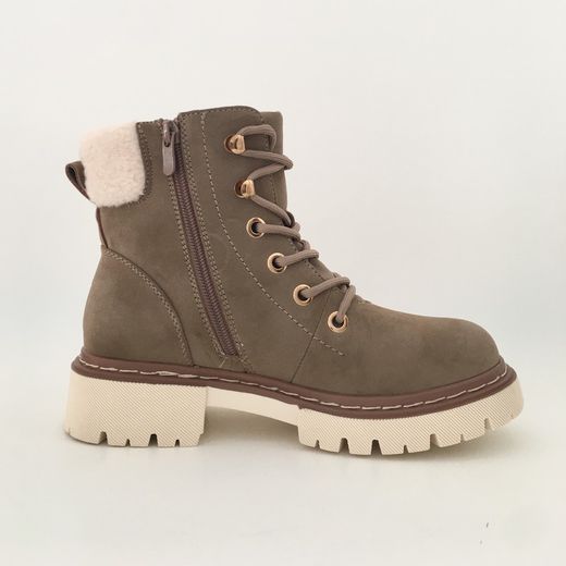 Botín Con Pelo Y Cordones Para Mujer Khaki