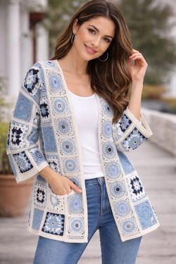 Cardigan Largo de Crochet para Mujer Azul
