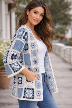 Cardigan Largo de Crochet para Mujer Azul