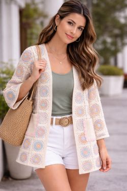 Cardigan Largo de Crochet para Mujer Beige