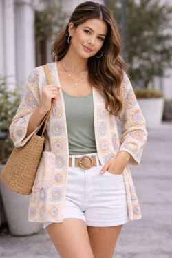 Cardigan Largo de Crochet para Mujer Beige