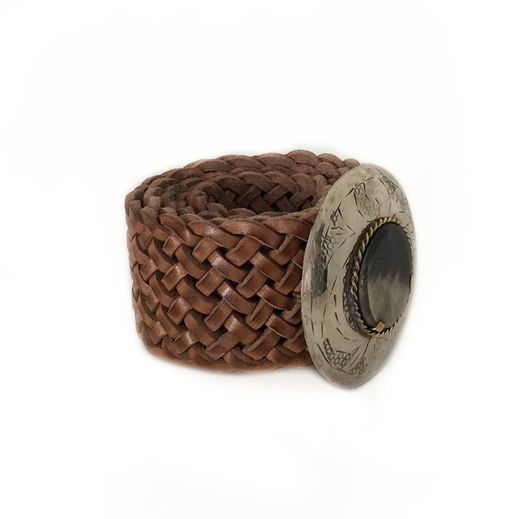 Cintura Larga In Pelle Intrecciata Color Cachi Con Fibbia Tonda