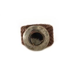 Cintura Larga In Pelle Intrecciata Color Cachi Con Fibbia Tonda