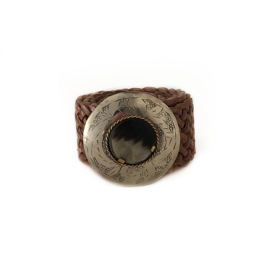 Cintura Larga In Pelle Intrecciata Color Cachi Con Fibbia Tonda