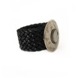 Cinto De Couro Trançado Preto Largo Com Fivela Redonda