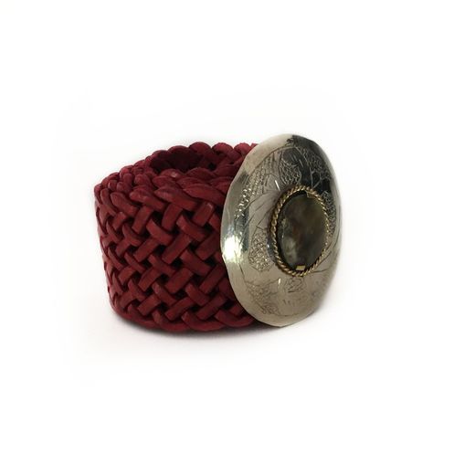 Ceinture Large En Cuir Tressé Rouge À Boucle Ronde