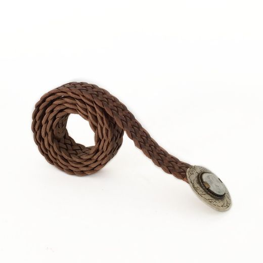 Cinturón De Piel Estrecho Trenzado Khaki Con Hebilla Redonda