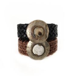 Cinturón De Piel Estrecho Trenzado Negro Con Hebilla Redonda