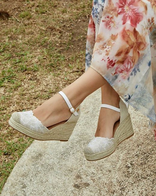 Zeppa in sparto con ricamo floreale Bianco