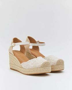 Zeppa in sparto con ricamo floreale Bianco