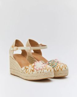 Cuña De Esparto Con Bordado Floral Beige