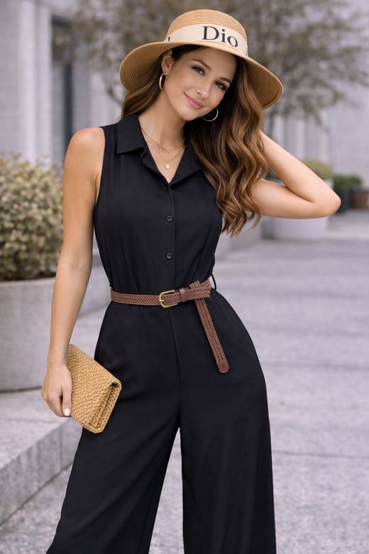 Elegante tuta senza maniche con cintura nera intrecciata