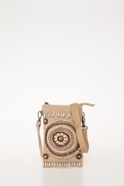 Suporte para celular de ráfia com conchas