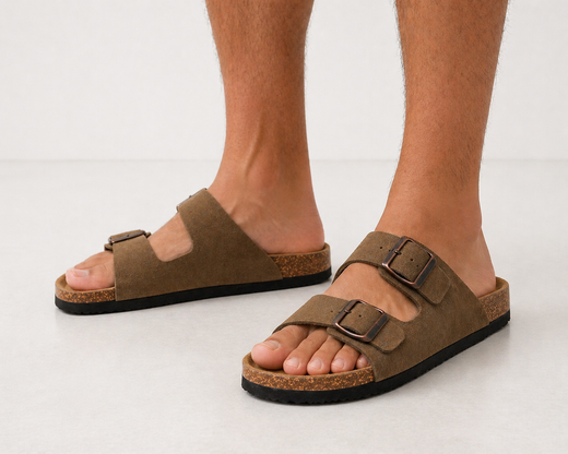 Sandalo da uomo in pelle beige con doppia fibbia