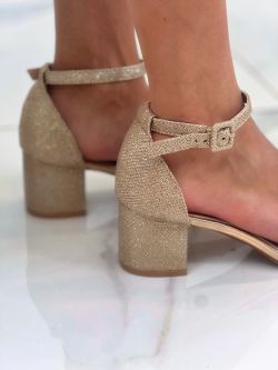 Sandalia De Tacón Bajo Glitter Oro