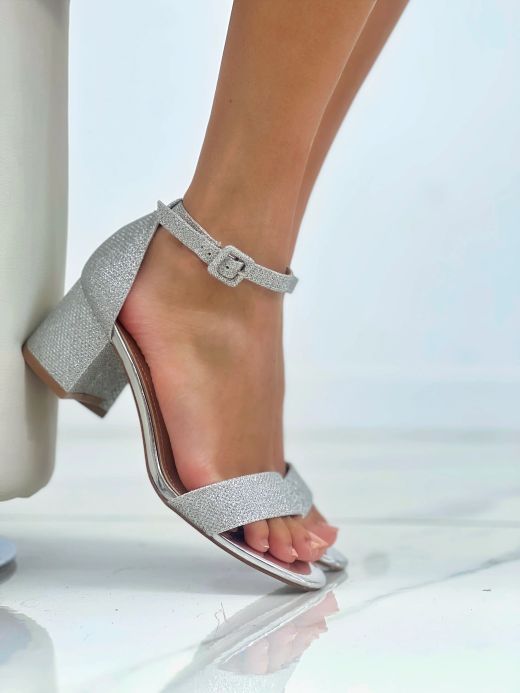 Sandalia De Tacón Bajo Glitter Plata