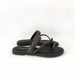 Sandalia Plana de Dedo con Pedrería de Brillo Negro