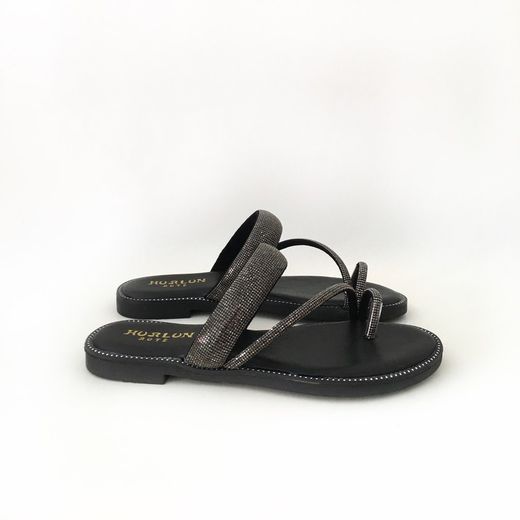 Sandalia Plana de Dedo con Pedrería de Brillo Negro