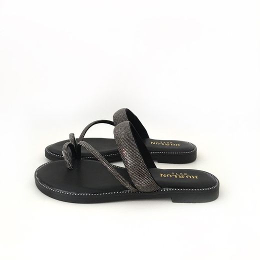 Sandalia Plana de Dedo con Pedrería de Brillo Negro