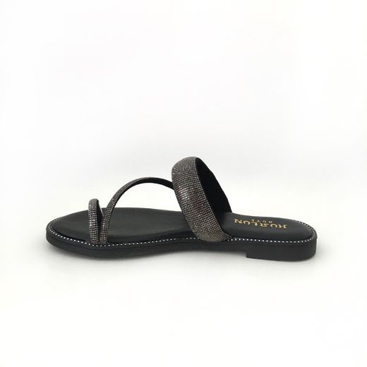 Sandalia Plana de Dedo con Pedrería de Brillo Negro