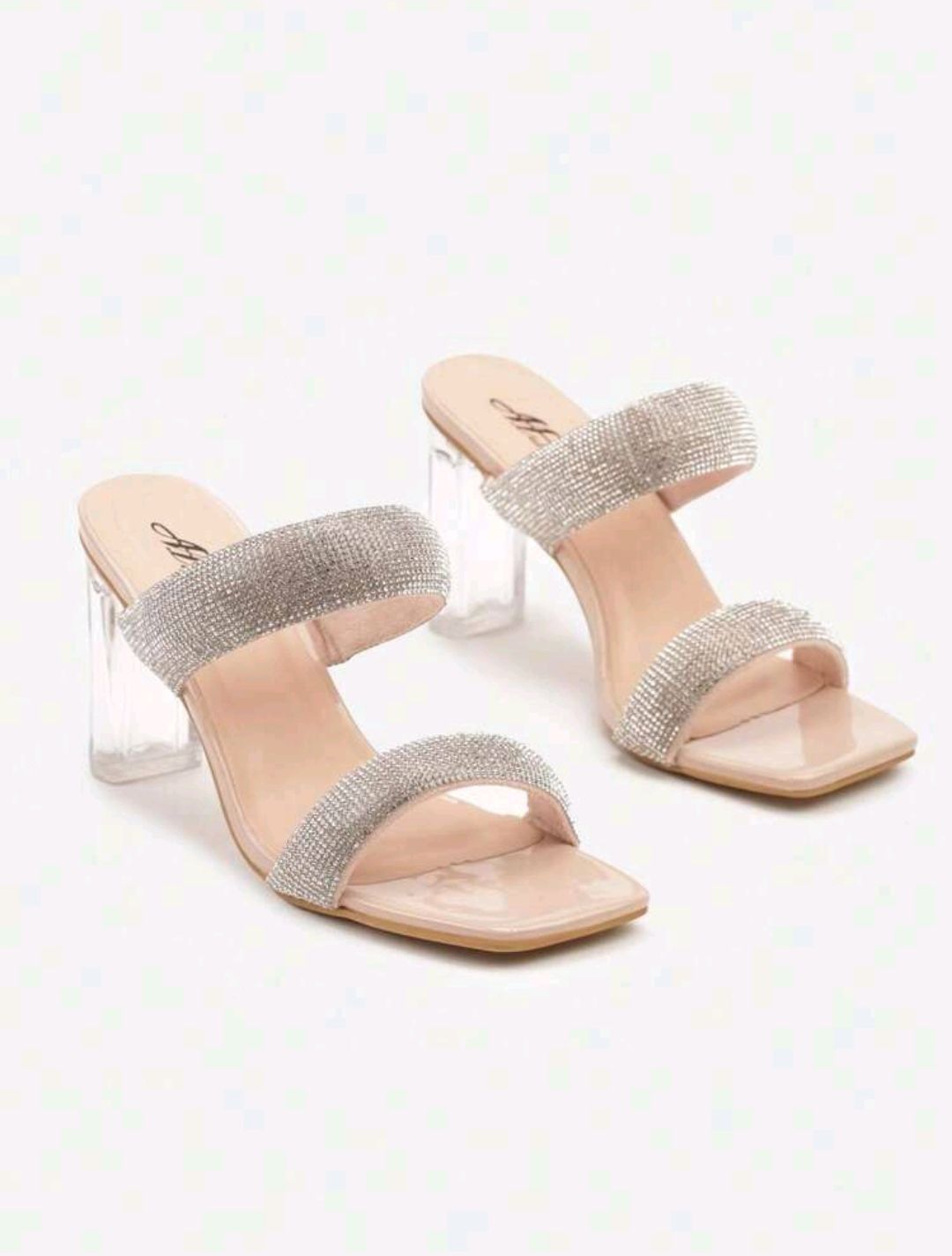 Sandalia Tacón Transparente Doble tira Strass Beige