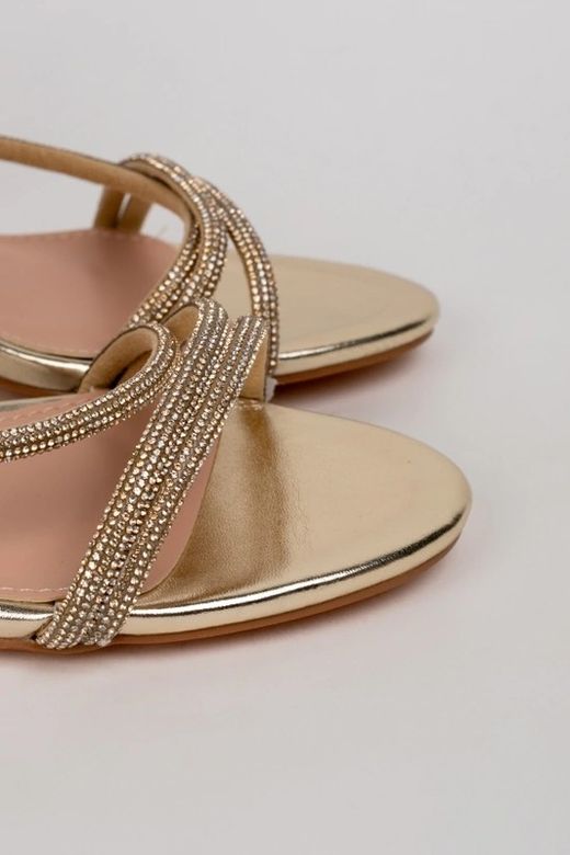 Sandalias Doradas Con Tiras de Strass y Tacón Ancho Elegante