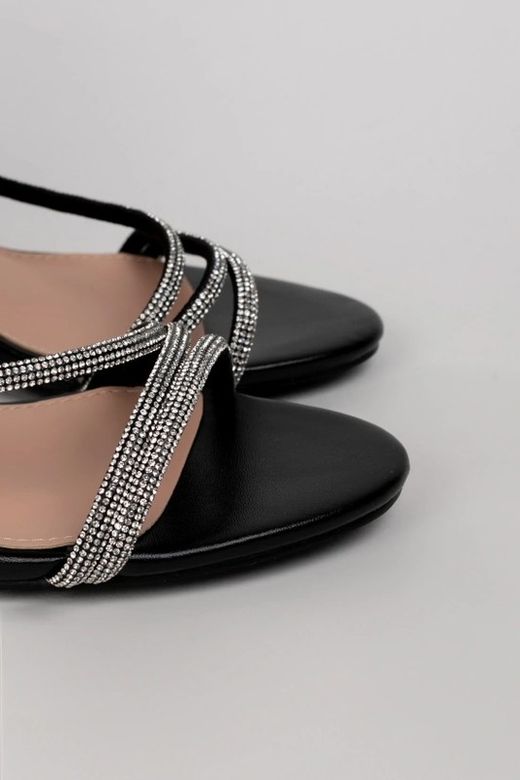Sandalias Negras Con Tiras de Strass y Tacón Ancho Elegante