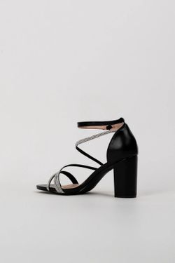 Sandalias Negras Con Tiras de Strass y Tacón Ancho Elegante