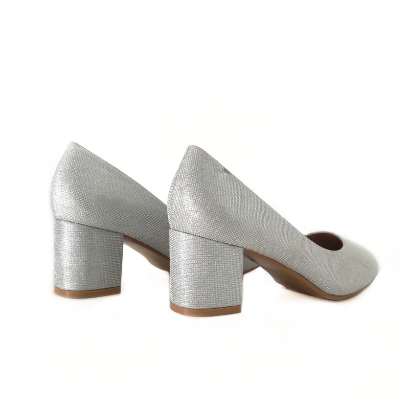 Zapato Salón Mujer Con Tacón Ancho Plata — Zapatos Calzados Germans