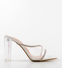 Zueco Con Tacón Transparente y Tiras Brillantes Blanco