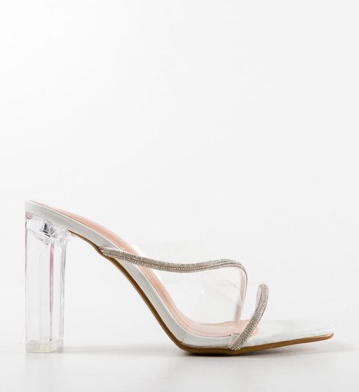 Zueco Con Tacón Transparente y Tiras Brillantes Blanco