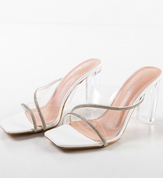 Zueco Con Tacón Transparente y Tiras Brillantes Blanco